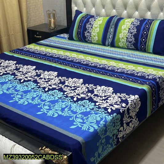 3 Pcs Crystal Cotton Printed Double Bedsheet