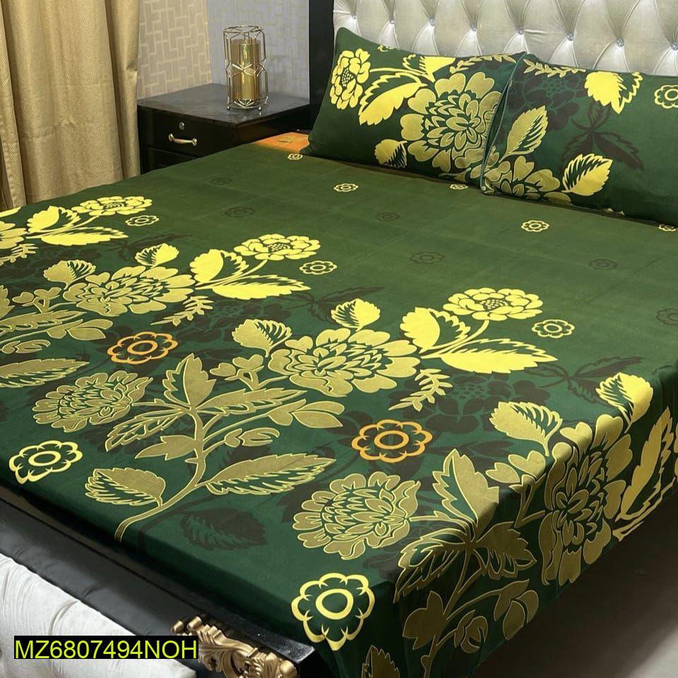 3 Pcs Crystal Cotton Printed Double Bedsheet
