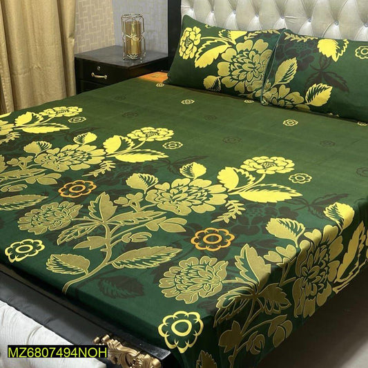 3 Pcs Crystal Cotton Printed Double Bedsheet