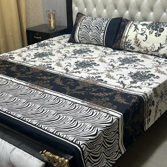 3 Pcs Crystal Cotton Printed Double Bedsheet